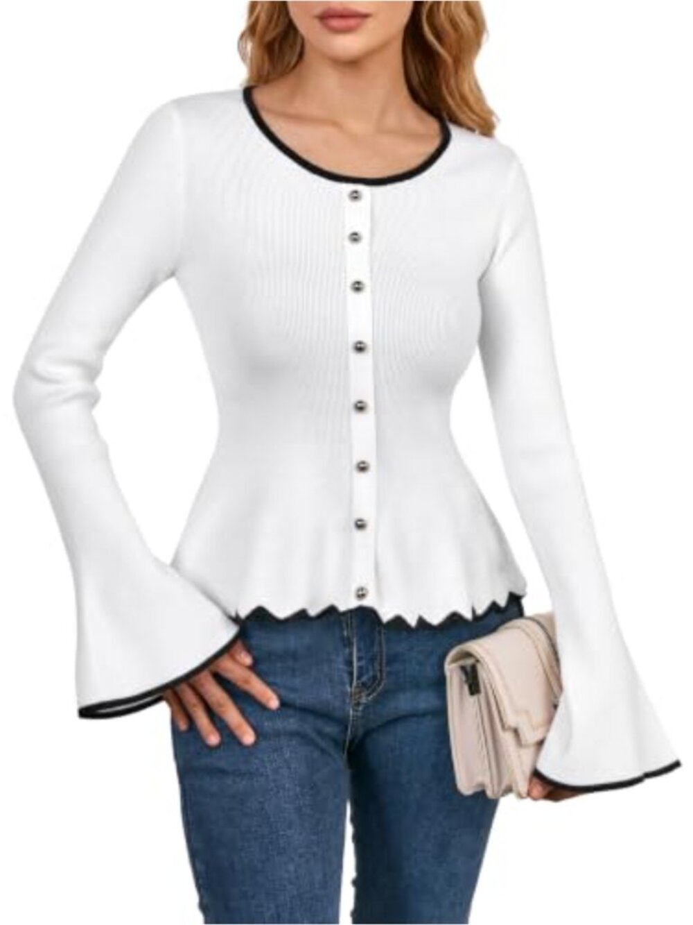 Avanova Women Bell Sleeve Peplum Button Down Sweater Business Casual Top